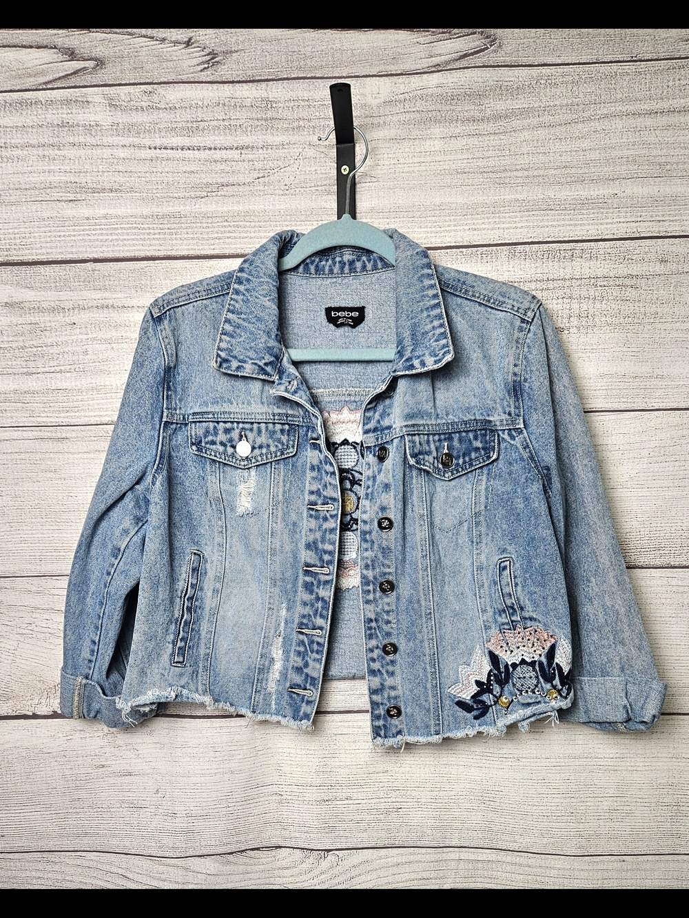 bebe Light Blue Denim Jacket with Floral Embroidery